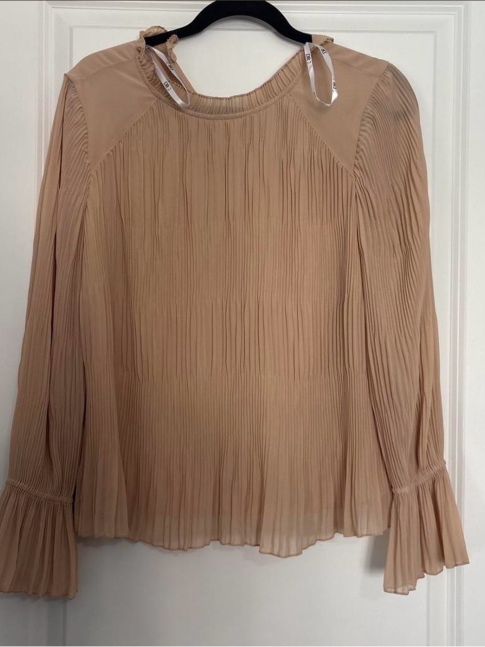 DR2 Pleated Ruffle-Neck Blouse in Light Taupe